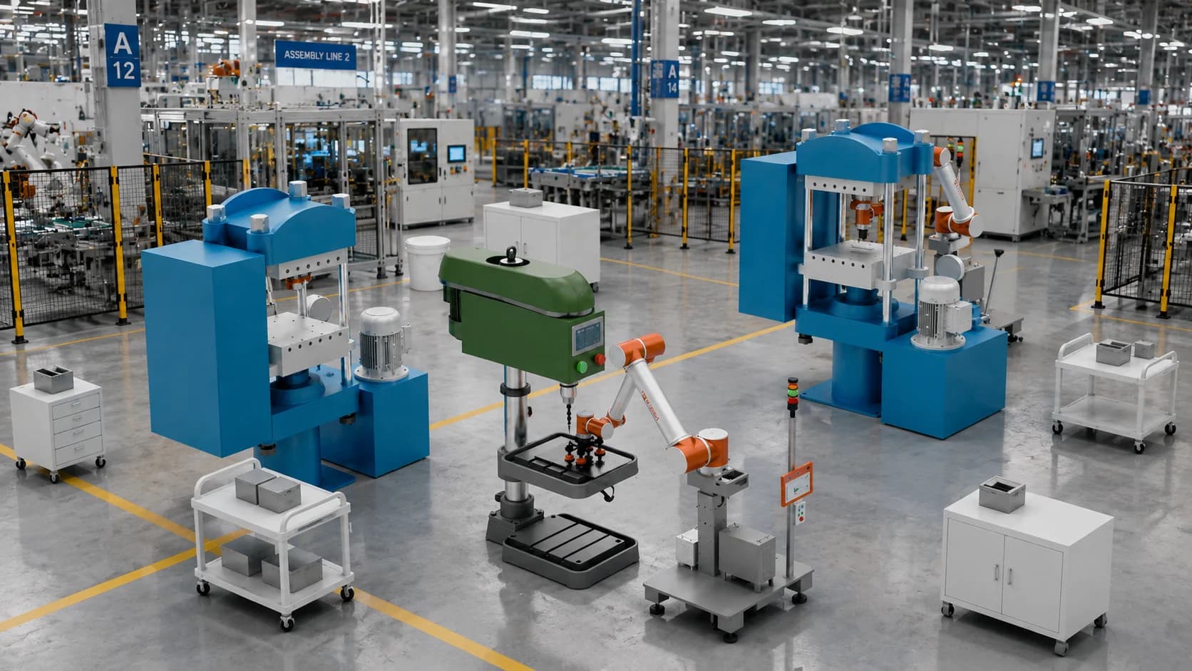 Cobots operating alongside presses and a drilling station on an Indian manufacturing assembly line